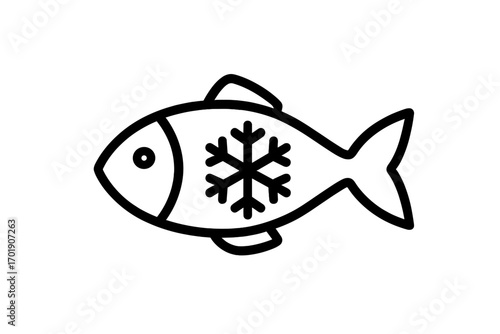 Frozen fish line icon. Seafood product with snowflake symbol. Cold fresh food outline sign. Vector illustration for grocery store, market logo, web, app and packaging.