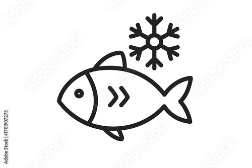 Frozen fish outline icon for food packaging and seafood market logo. Simple cold fish pictogram for grocery store product label. Vector symbol for web and graphic design.