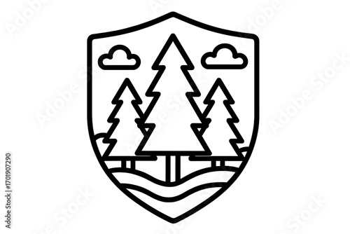 Forest shield logo with pine trees. Nature emblem for security or outdoor brands. National park or camping adventure badge. Vector line art icon for conservation eco concepts.