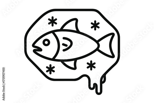 Frozen fish outline icon for seafood market. Vector symbol of fish in ice for packaging or supermarket sign. Cold food storage concept. Simple line art illustration for logo.