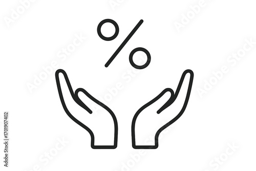 Hands holding percent sign. Concept of discount, sale, promotion, special offer. Financial icon for interest rate, loan, credit, investment, savings, profit, tax, banking.