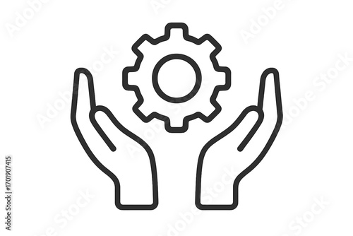 Hands holding gear icon. Technical support, service, and maintenance concept. Engineering, development, and innovation symbol. Process management and configuration settings.