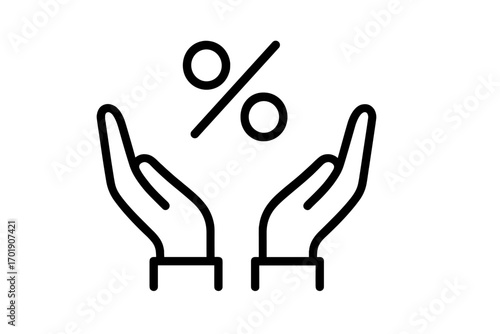 Hands holding percentage sign line icon. Concept of discount, sale, offer, bonus. Financial services, credit, loan, and interest rate. Commission, cashback, marketing.