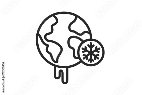 Climate change icon with melting earth and snowflake. Concept for global warming, cooling, ice age. Environmental disaster, weather extremes metaphor. Thin line vector design.