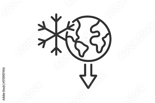 Global cooling and ice age concept icon. Planet Earth freezing with cold temperature drop. Climate change and environmental metaphor. Minimal vector outline symbol for design.
