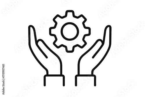 Hands holding gear icon. Concept of support, technology, and development. Vector illustration for business solution, engineering, innovation, process management, and control.
