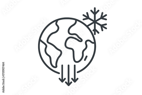 Global cooling minimalist line icon. Ice age concept with planet Earth and snowflake. Climate change, cold weather, winter, freeze, ecology, environment, nature, world, global vector.