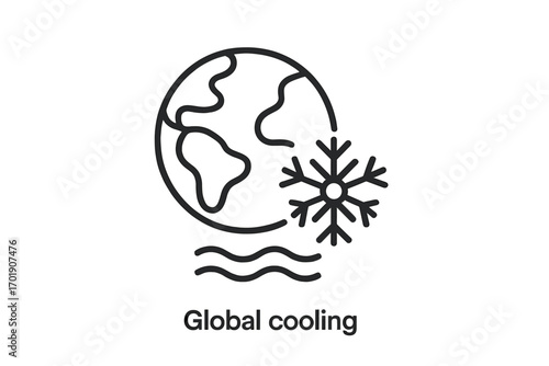 Global cooling concept icon. Planet Earth with snowflake symbol. Climate change, ice age, and cold winter weather metaphor. Environment and ecology vector line illustration.