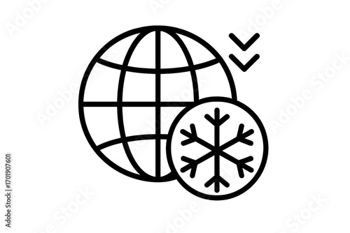 Global cooling vector line icon. Concept of climate change, new ice age, or planetary temperature decrease. Earth globe with a snowflake symbol and down arrows. Environment sign.