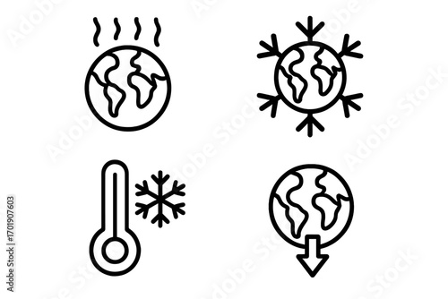 Climate change icon set. Global warming and global cooling concept. Planet Earth with heat waves and ice age snowflakes. Temperature thermometer vector line art illustration.