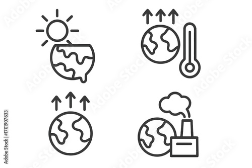 Global warming and climate change line icon set. Vector icons of melting earth, rising temperature, and factory pollution. Environmental disaster and ecology concept for web design.