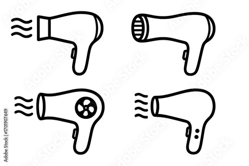 Hair dryer icon set. Line art vector illustration for hairdressing, beauty salon, and personal care. Simple outline blow dryer symbol for web, apps, and print design.