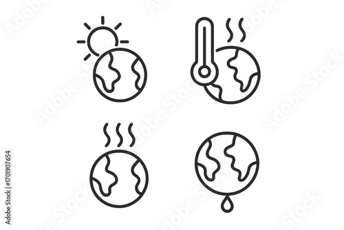 Global warming and climate change icon set. Thin line vector illustration. Planet Earth heating, melting ice, high temperature from thermometer, sun. Ecology & environment concept.