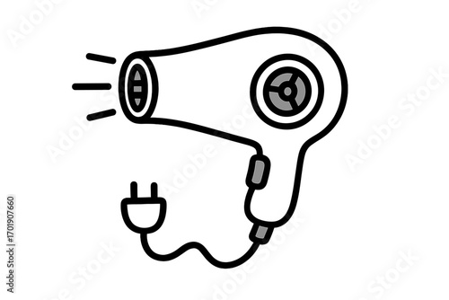 Hair dryer vector icon. Blow dryer illustration. Hair care and beauty concept. Electrical appliance for hairstyling. Grooming and salon equipment. Line art cartoon doodle style.