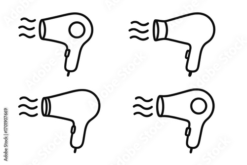 Hair dryer line icon set. Blow dryer vector symbol collection for web design. Hairdressing and beauty salon equipment sign. Isolated simple outline cartoon illustration.