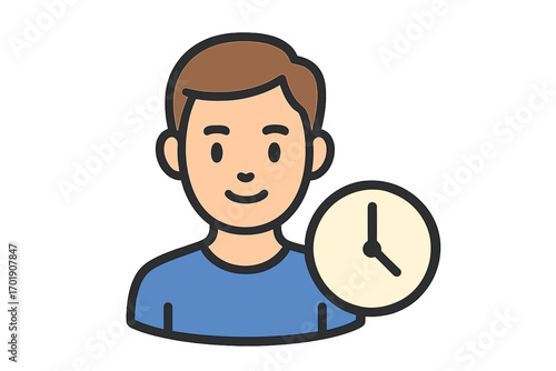 Male user icon with clock for time management. Concept of schedule, deadline, pending status, user history. Person avatar for app interface. Vector cartoon character symbol.