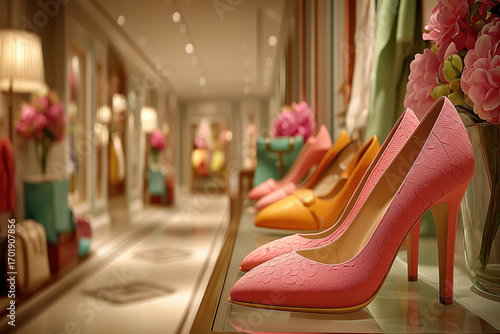 Boutique de luxe avec chaussures pour femme élégantes exposées en vitrine, style chic et raffiné, mode haut de gamme
