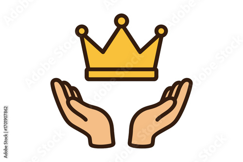 Hands holding crown icon. Concept of success, power, royalty, achievement. Premium quality, value symbol. Vector for leadership, award, victory, first place, best choice.