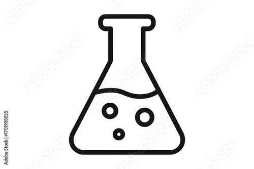 Chemistry flask outline line icon. Laboratory beaker with bubbling liquid solution. Concept for science, experiment, research, discovery, medical analysis, pharmacy, and education.