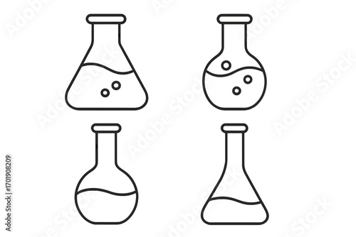 Science and chemistry concept. Laboratory flask and beaker outline icon set. Chemical lab equipment and glassware for research or experiment. Vector illustration with liquid.