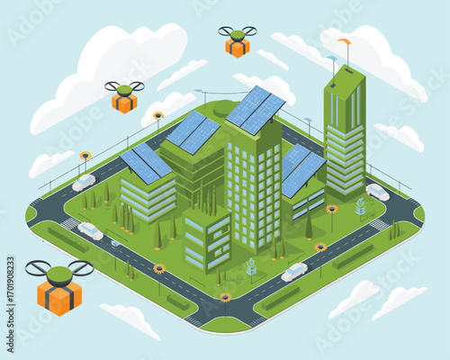 Isometric view of a futuristic green city with drones delivering packages