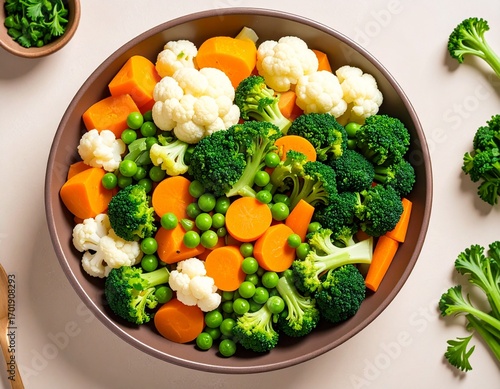 Colorful steamed vegetables with broccoli, cauliflower, carrots, and peas in a brown bowl. Top view, clean presentation.

