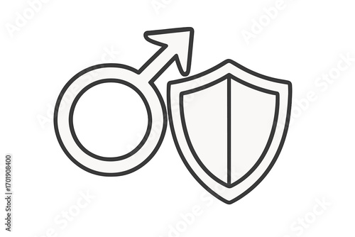 Men's health concept. Male gender symbol with shield. Protection, security, and healthcare icon for urology or insurance. Vector line illustration for web and apps.