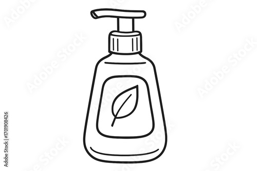 Cosmetic pump bottle dispenser with leaf logo. Outline vector icon for organic skincare, beauty products, liquid soap, or hand sanitizer. Natural hygiene and body care concept.