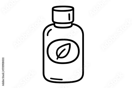 Cosmetic bottle linear icon vector illustration. Natural organic beauty product concept. Skincare, lotion, shampoo packaging with leaf symbol. Eco friendly cosmetics line art.