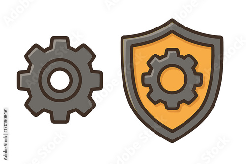 Gear and shield with gear icon set. Vector illustration for concepts of security, protection, settings, and configuration. Mechanical engineering or industrial safety symbol.
