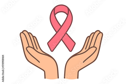 Breast cancer awareness month pink ribbon symbol. Hands holding a sign of hope, support, charity, and donation. Vector illustration for women's health medical campaign.