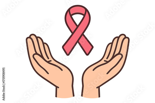 Pink ribbon in open hands vector icon. Breast cancer awareness month symbol. Concept of charity, hope, support, and donation for medical healthcare campaign for women.