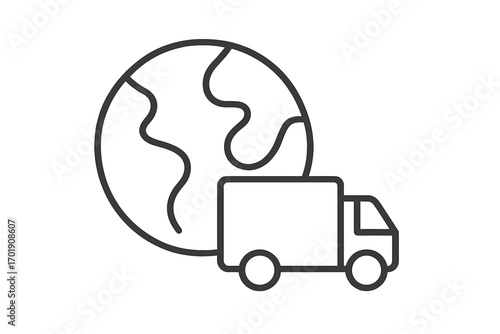 Global delivery service, worldwide shipping concept. International logistics and freight transport icon. Planet earth and truck for e-commerce and supply chain business. Vector.