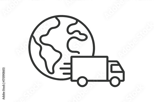Worldwide shipping and global logistics concept. International delivery service icon. Fast freight transport by truck. Planet earth with cargo van. E-commerce linear symbol.