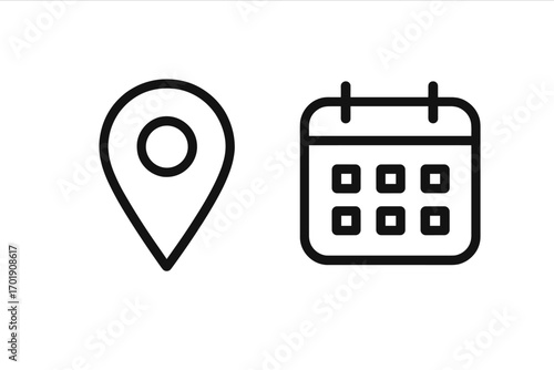 Location pin and calendar line icon. Minimalist symbols for planning, appointments, and events. Map pointer for destination and date schedule. Vector for web, apps, ui, ux design.