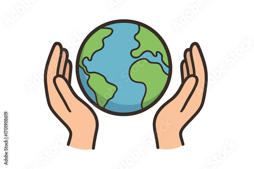 Hands holding planet earth. Save the world concept. Environmental protection and conservation metaphor. Earth day vector illustration. Global care and sustainability sign. Ecology.
