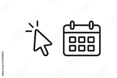 Click pointer and calendar line icon. Online booking, appointment scheduling, event registration concept. Date selection, agenda, reminder symbol. Vector illustration for web.
