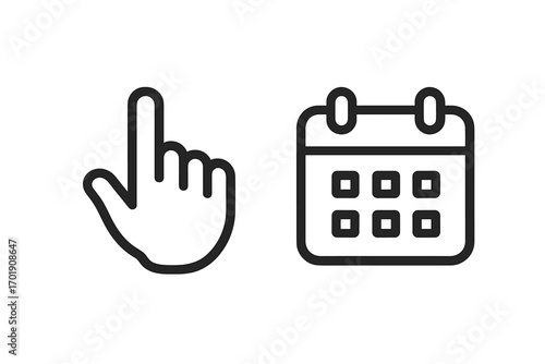 Click to schedule icon. Calendar and hand pointer symbol. Appointment booking concept. Date selection for web and app interface. Event planning, reminder, and deadline sign.