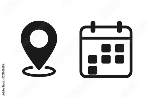 Location pin and calendar icon. Event date and place symbol. Appointment, schedule, and meeting reminder concept. Minimalist vector sign for web, app, and graphic design.