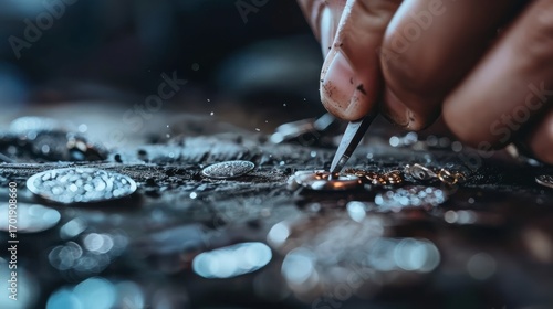 Meticulous artisan's hands restoring ancient metal artifacts, detailed historical preservation work, archaeological cleaning and craftsmanship