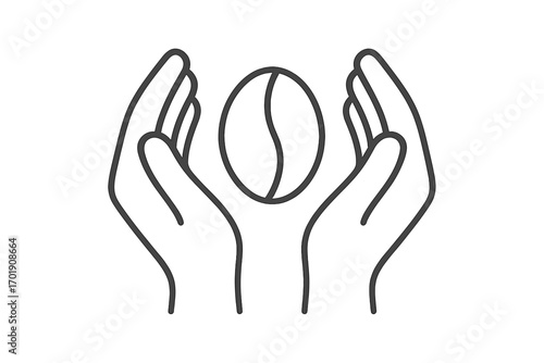 Hands holding coffee bean line icon. Quality coffee logo. Vector concept for fair trade, organic product, cafe, and coffee shop. Agriculture and harvest symbol. Barista.