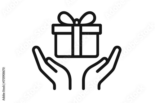 Gift in hands line icon. Giving a present for a birthday or christmas. Charity, donation and support concept. Bonus or reward for customer loyalty program. Surprise symbol.