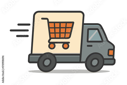 Fast delivery truck with shopping cart icon. E-commerce online shopping concept. Vector graphic for shipping, logistics, and retail business. Fast order fulfillment and distribution service.