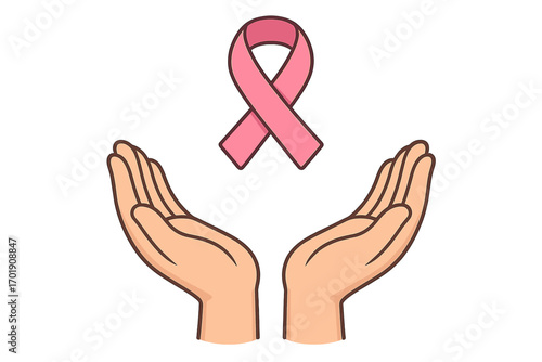 Pink ribbon breast cancer awareness symbol held in open hands. Concept for health care, charity, donation, and support for women's health. Vector medical illustration for hope.