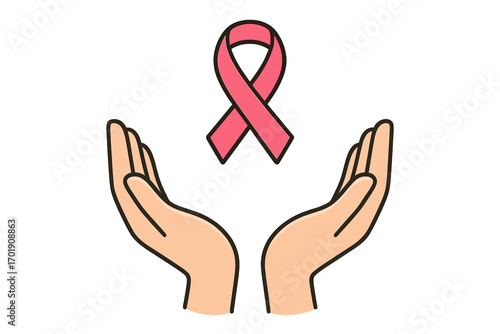 Breast cancer awareness month concept. Pink ribbon in open hands. Symbol of support, hope and health. Vector illustration for charity, donation campaign, medical poster.
