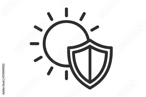 Sun protection icon with UV shield. Solar safety and skin care concept. Sunscreen, SPF, and sunblock graphic. Summer weather heat defense. Dermatology vector illustration.