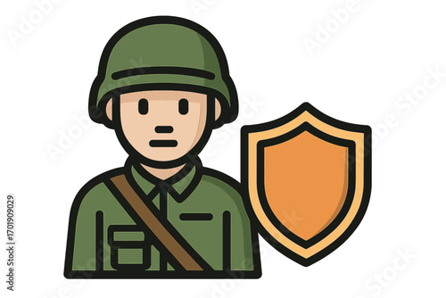 Soldier with shield icon. Military guard in helmet. Army protection and defense concept. Security, force, and patriotism symbol. Vector illustration for veteran day or war.