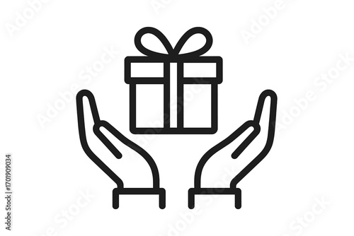 Hands holding gift box with bow line icon. Concept of giving, receiving, present, surprise. Vector for charity, donation, bonus, reward, love, support, celebration.