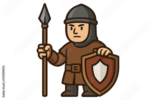 Cartoon soldier with spear and shield. Medieval knight or guard character mascot. Vector illustration for security, protection, history. Warrior icon for game or app design.