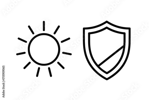 Sun and shield icon. UV protection symbol. Solar defense linear sign. Sunscreen skincare concept. Sunblock vector logo for cosmetics, web, app. SPF safety pictogram.